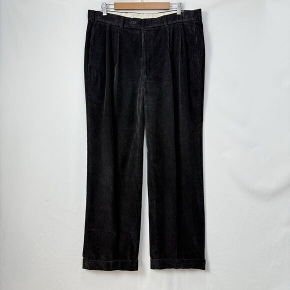 Paul Frederick Mens Pants Black Corduroy Straight Cuffed Pleat Size 36x32 - Picture 2 of 13